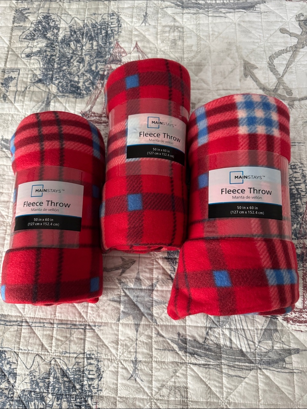 Mainstays Red Plaid Fleece Throw with Blue Accents - Pack of 3